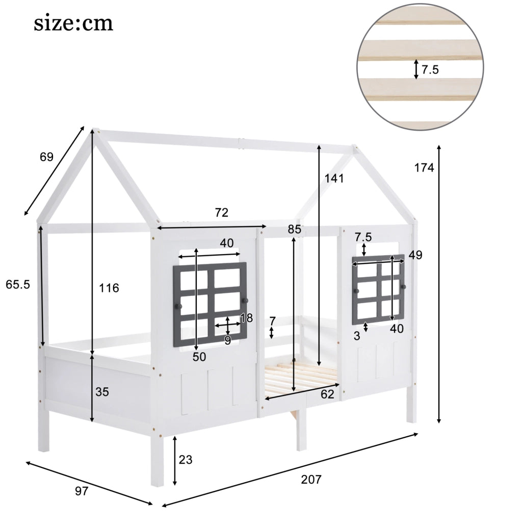 Letto singolo a casetta per bambini con 2 finestre 200x90 cm in legno massello e MDF bianco