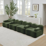 Divano modulare ad angolo in velluto verde 384x98x70 cm con seduta profonda e pouf collegabile