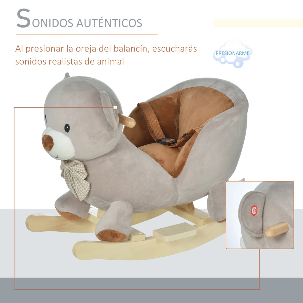 Dondolo Peluche Orsetto per Bambini con Sonido e Cinturino ¨C zephmum ¨C Grigio 60x33x50 cm