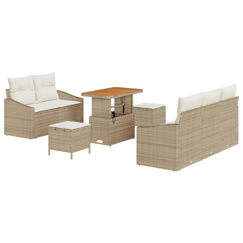Set Divano da Giardino 8 Pezzi con Cuscini Beige Polyrattan Acacia