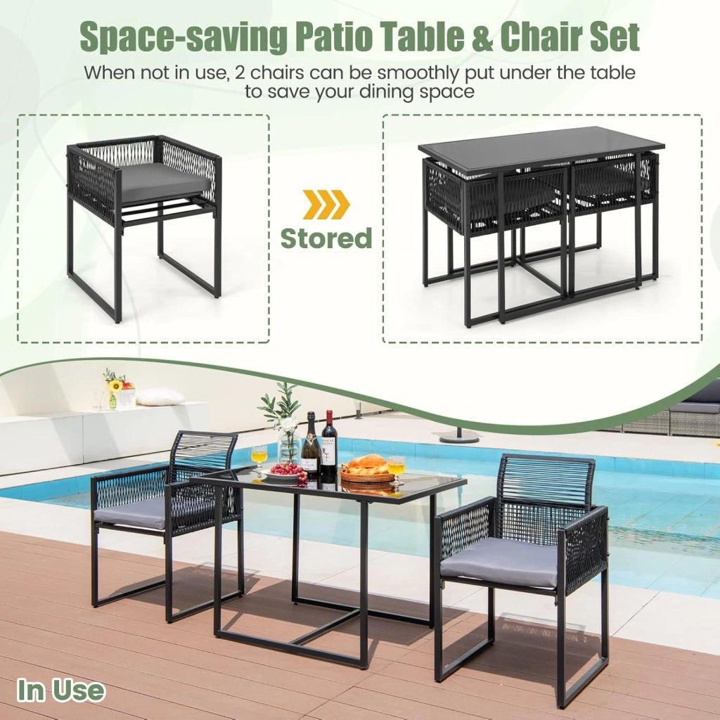 Set Mobili da Esterno a 3 Pezzi, 2 Sedie in Rattan Intrecciato con Schienale Pieghevole e Cuscini, Set Tavolo Rettangolare da Pranzo per Patio, Giardino e Balcone