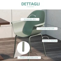 Set 4 Sedie da Giardino con Piedini Antiscivolo, in PP e Acciaio, 59x55x84 cm, Verde