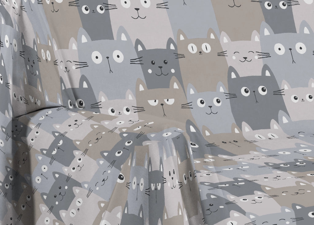 Telo Arredo Multiuso Linea Pensieri Delicati In Cotone Disegno Happy Cat - Matrimoniale - Grigio