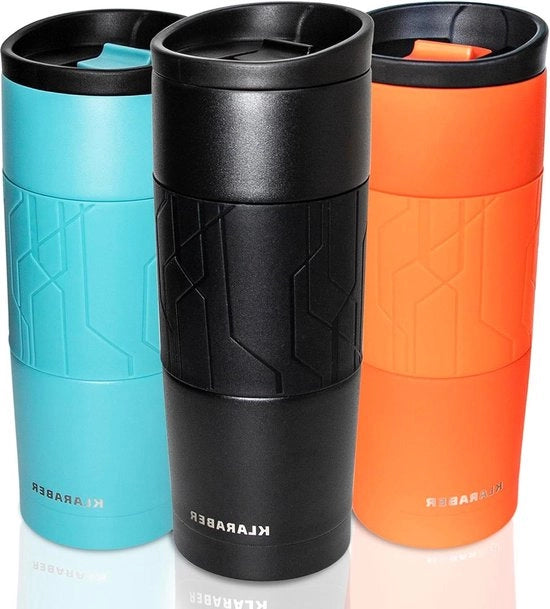 Tazza da viaggio isolata - tazze per caffè riciclabili - tazza da viaggio in acciaio inossidabile doppio strato - bevande calde e fredde - 480 ml / 16 oz - tazza da viaggio con manico in colore nero