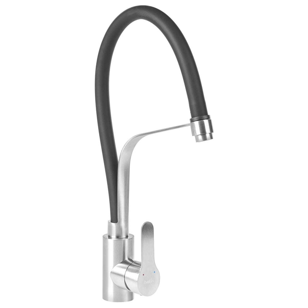 Rubinetto da cucina in acciaio inossidabile argento, miscelatore girevole ed estraibile con aeratore e doccetta, design moderno