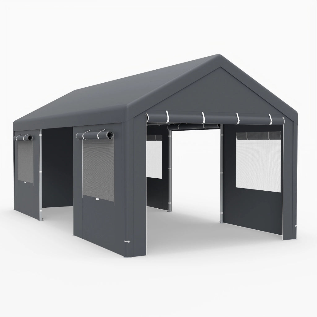 Tettoia auto 305x586 cm finestre ventilate avvolgibili pareti porte, Tettoia metallo pe impermeabile riparo esterno auto camion festa