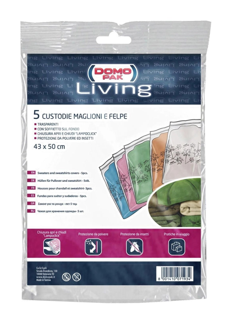 Domopak 918045 Sacchetti Antipolvere per Maglioni e Felpe Zip Lampoclick 43x50 cm 5 pz colore Trasparente