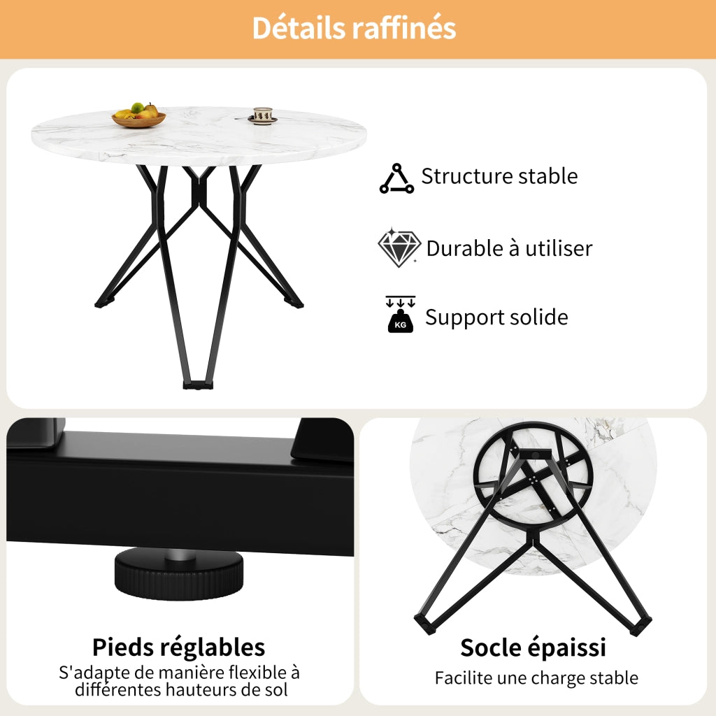 Tavolo da pranzo rotondo con 4 sedie, piano effetto marmo, struttura in metallo, per cucina e soggiorno, 100 × 76 cm