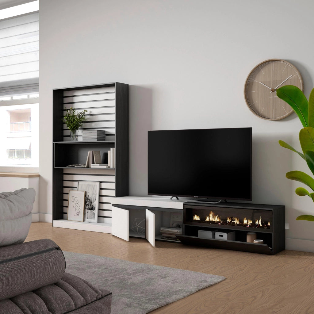 Mobile TV, Soggiorno, 310x35x186cm, Per TV fino a 80", Camino elettrico, Bianco e nero RF2852