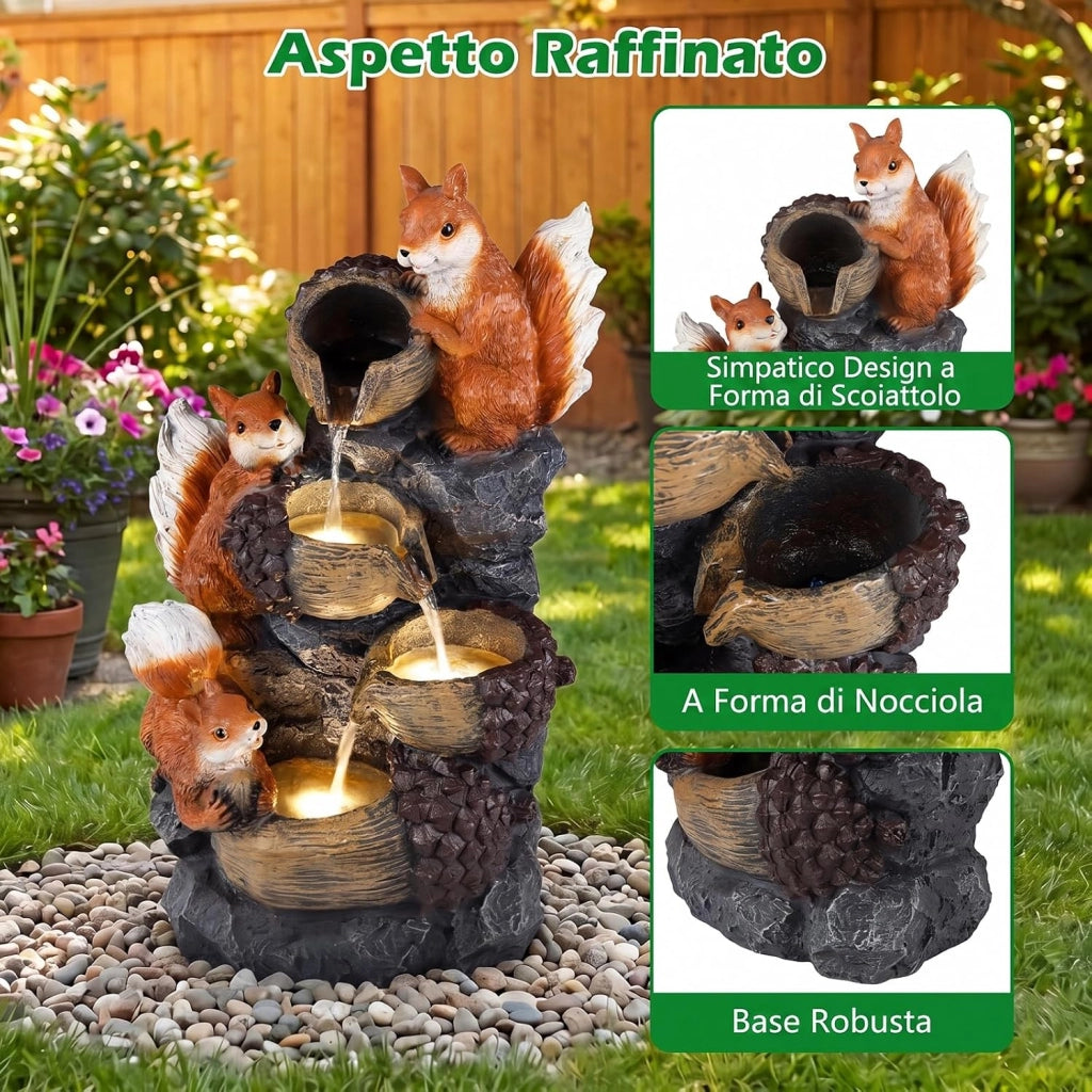 Fontana a Cascata, Fontana da Esterno ed Interno con 4 Luci LED e Flusso d'Acqua Rilassante, Fontana a Forma di Scoiattolo e Nocciola in Resina Selezionata, 34 x 25 x 59 cm