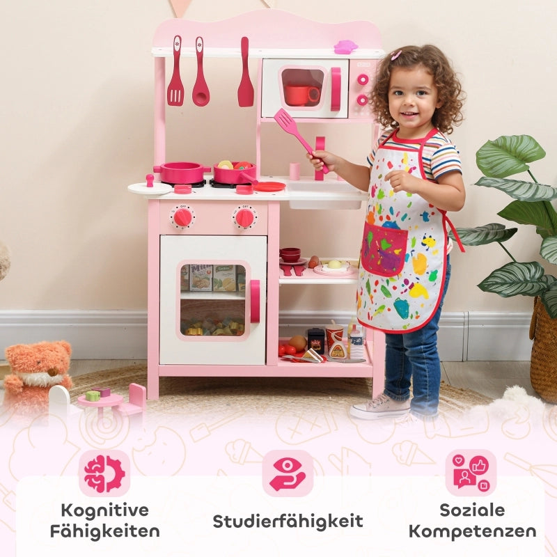 Cucina giocattolo per bambini, accessori in legno, elettrodomestici, compatta, con suoni, rosa