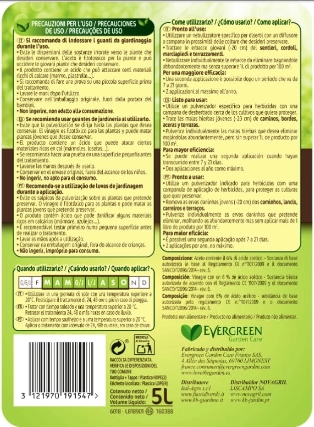 Diserbante Naturale All'acido Acetico Concentrato Naturen Kb Tanica 5 Litri