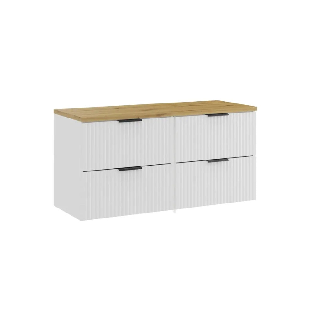 Set da bagno NOXERA 120 cm – Mobile sospeso bianco alpino con piano per lavabo color rovere chiaro