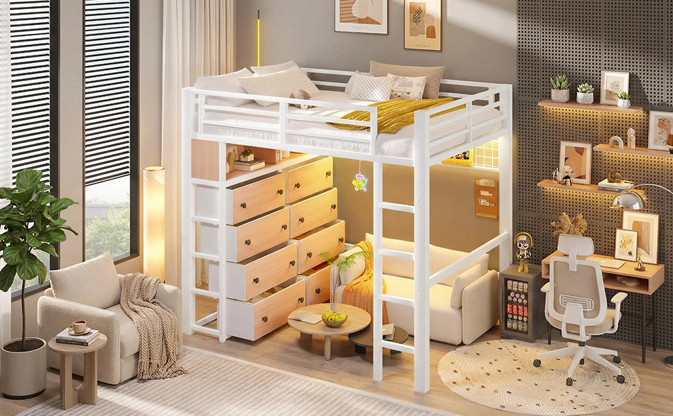 DESMIU Letto a soppalco 140 × 200 cm 2 posti con 8 cassetti, ripiani e LED, senza materasso, bianco