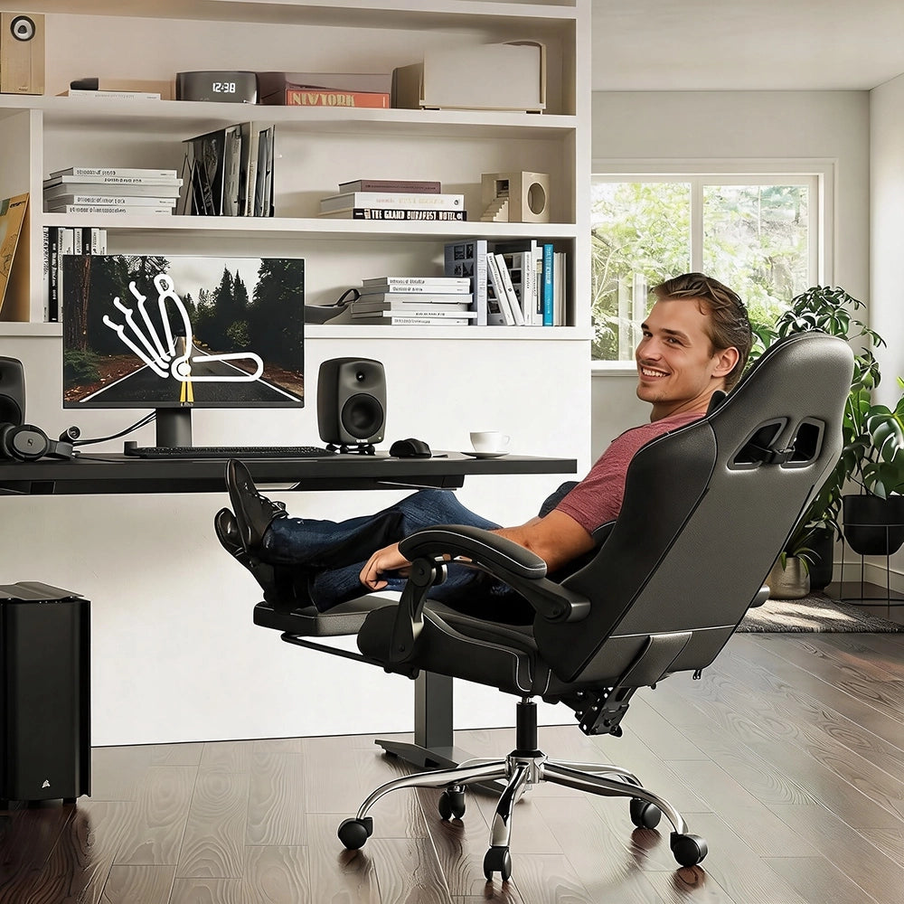 Sedia Gaming DOWINX Nera con Poggiapiedi; Schienale 150°; Supporto Lombare e Portata 150 kg