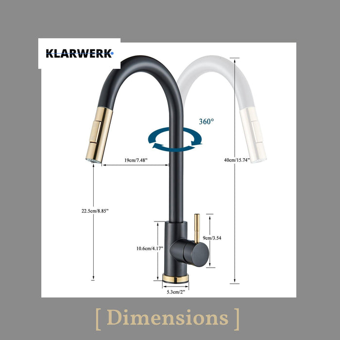 JANA | Rubinetto da cucina estensibile Premium in acciaio inossidabile oro nero | Miscelatore alto Bogo alta pressione ruotabile a 360° 2 attacchi