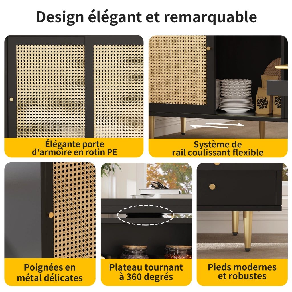 Mobile Bar con Anta in Rattan; Cassetto; Ripiani Aperti; Piano Girevole a 360° ed Estensibile per Cucina