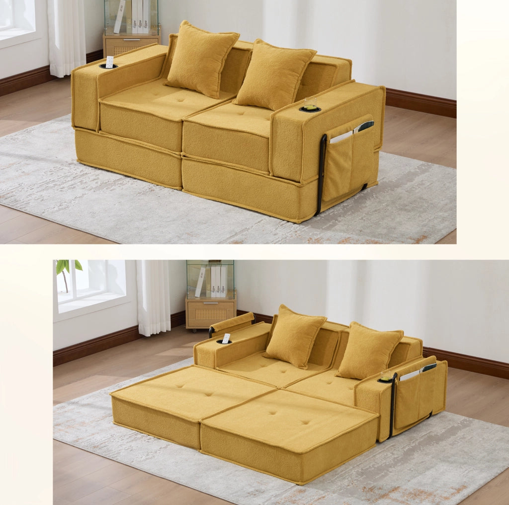 Pouf-sofà in ciniglia giallo senape con tasche laterali e cuscini