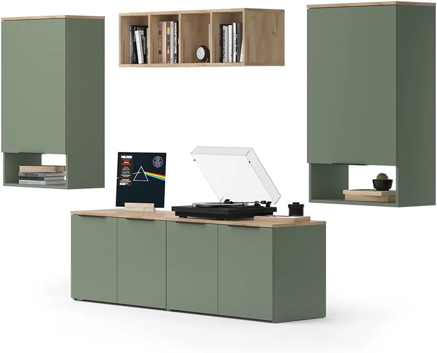 Parete attrezzata soggiorno Wido, Verde, 5 parti