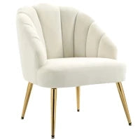 Poltrona in Velluto Imbottita con Schienale a Conchiglia e Gambe in Acciaio per Camera e Salotto, 63x65x84cm, Crema