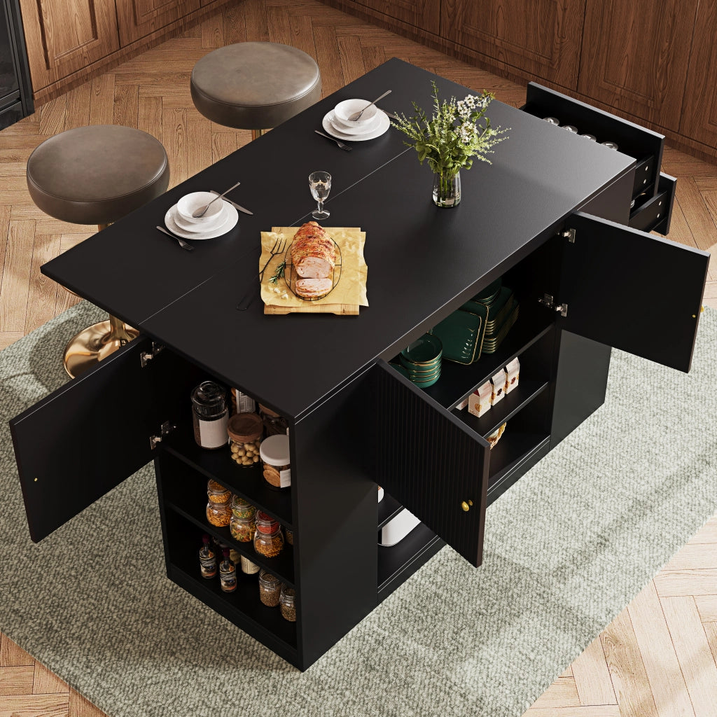 Isola da Cucina con 2 Ante 2 Cassetti e Ripiani Piano Ribaltabile in MDF 140 x 40 x 90 cm Nero