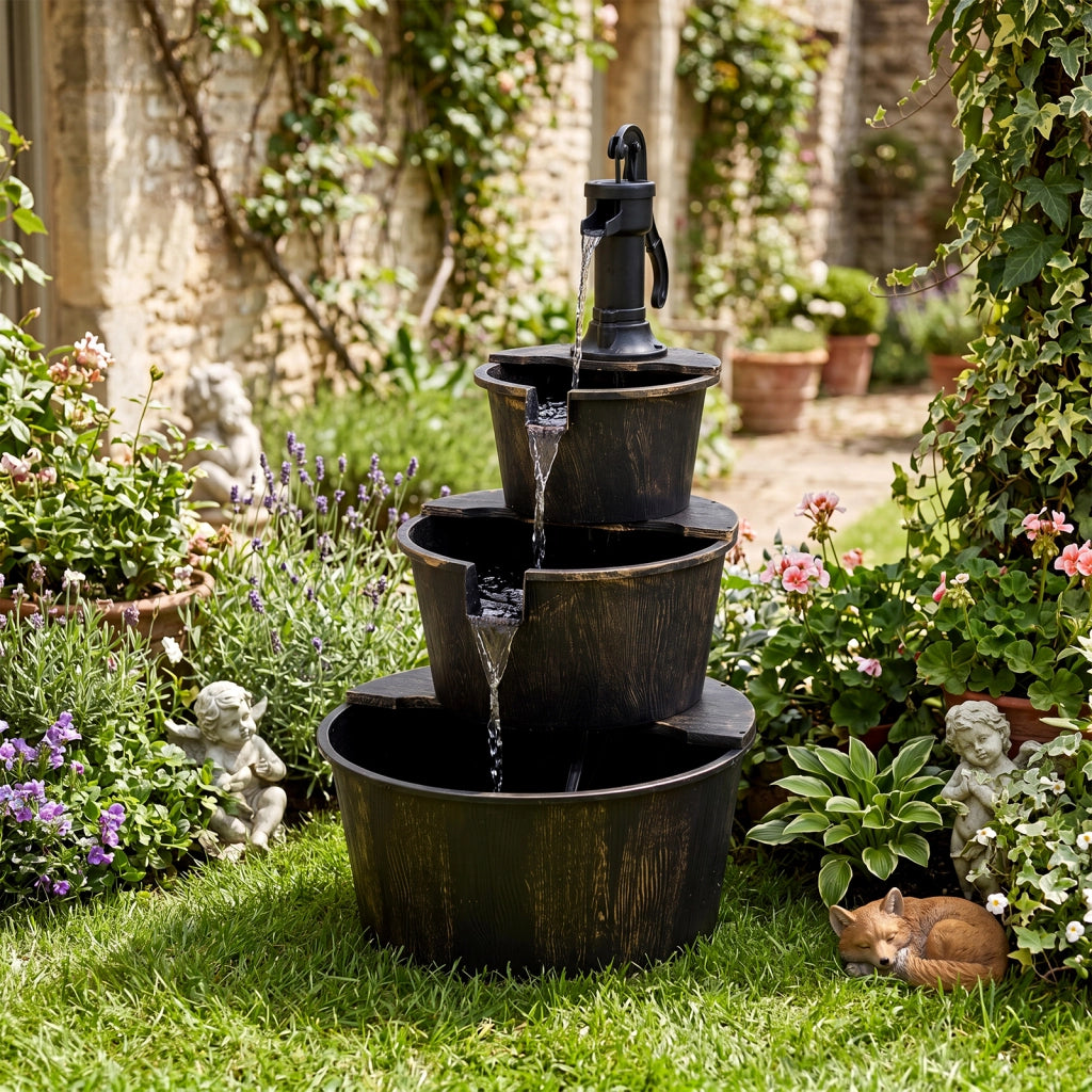 Fontana a cascata da giardino a 3 livelli da esterno in PP con flusso d'acqua regolabile stile vintage, Fontanella decorativa per patio e terrazzo