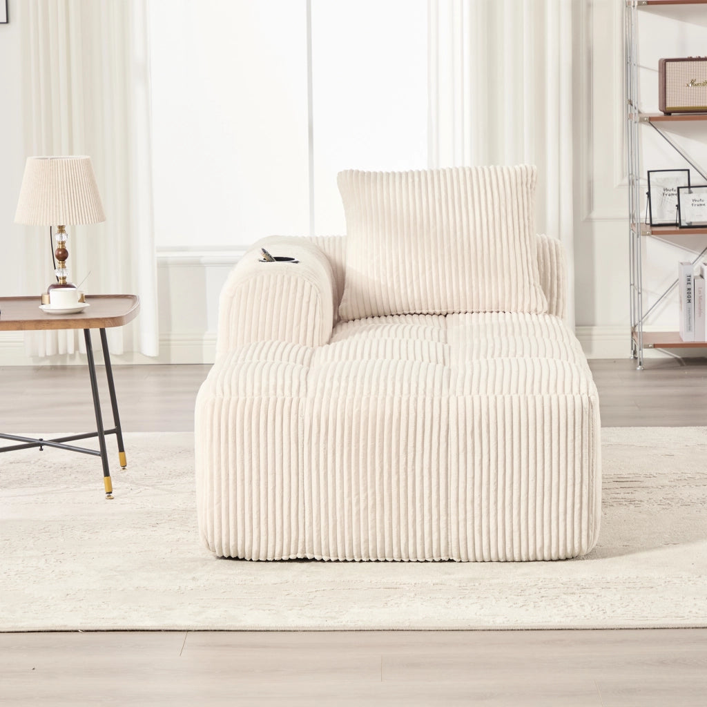 Divano compatto in corduroy beige con tasche laterali e portabicchieri, imbottitura in schiuma ad alta densità e molle, 158x93x61 cm