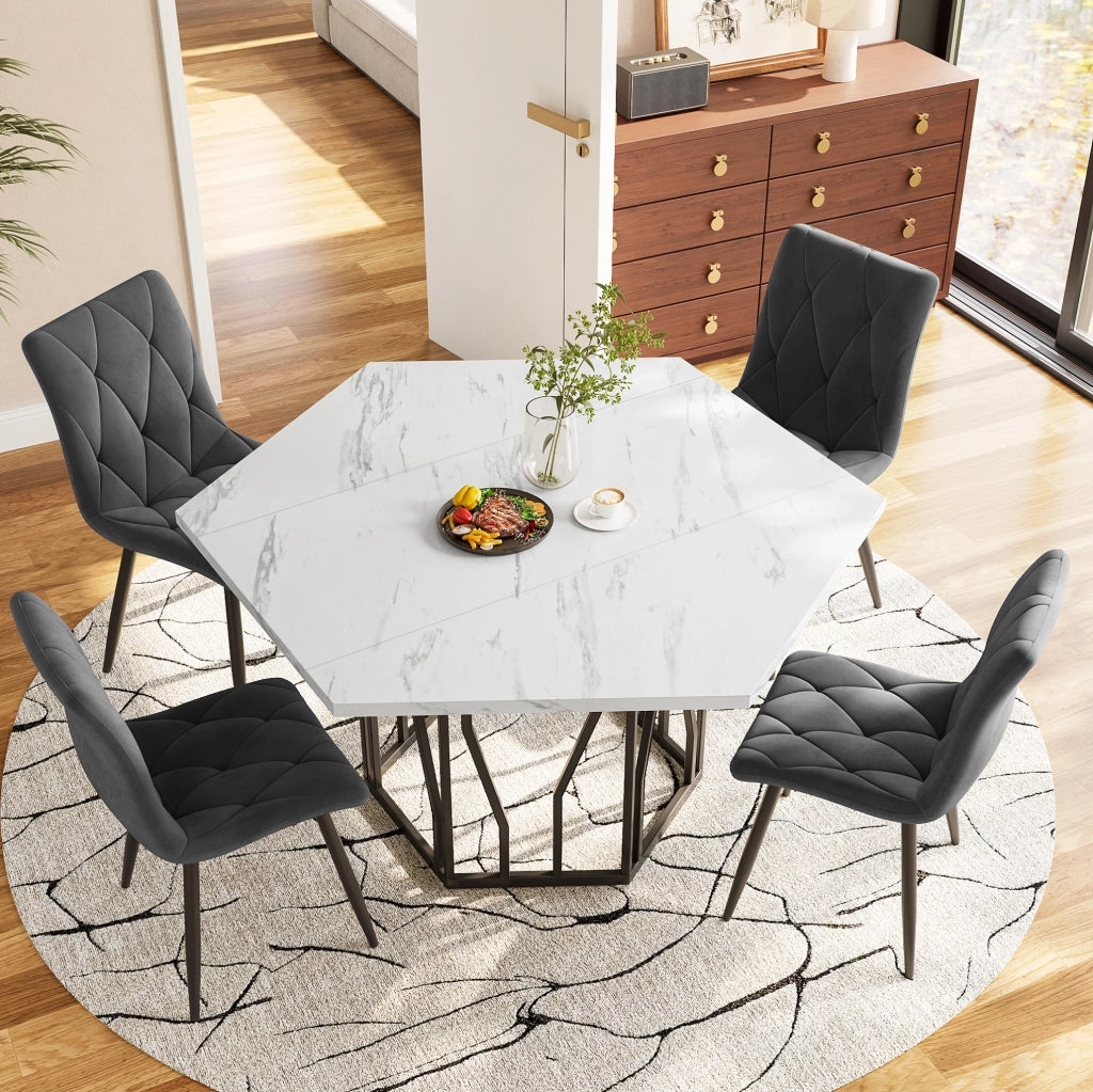 Set tavolo da pranzo esagonale con 4 sedie in velluto verde