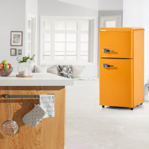 Frigorifero retrò; congelatore; doppia porta; volume totale 60L; vano congelatore 22L; luce LED; efficiente energetico; giallo antico