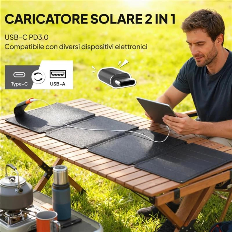 CARICABATTERIA SOLARE 36W PIEGHEVOLE CON ATTACCO TIPO-C, IMPERMEABILE IP67 IN ETFE, GRIGIO