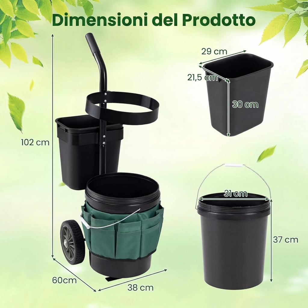 Carrello da Giardino a 2 Ruote, Carrellino da Esterno per Attrezzi da Giardinaggio con Borsa in in Tessuto Oxford, 20 L Secchio Rotondo e 10 L Contenitore Rettangolare Rimovibili