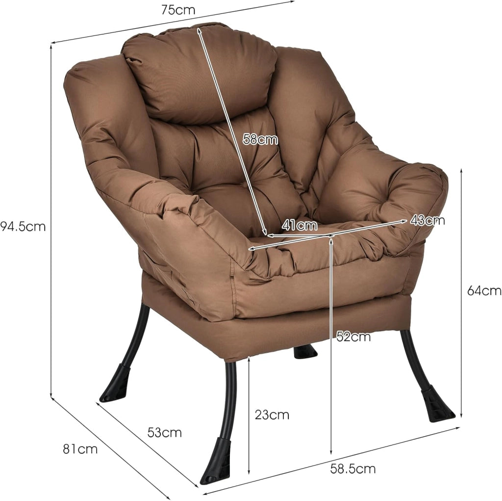 Poltrona da salotto scandinava, divano Relax confortevole, bracciolo, tasca laterale, 4 piedi in acciaio, sedia relax per soggiorno, ufficio, camera da letto, 75 x 81 x 94,5 cm, grigio (caffè)