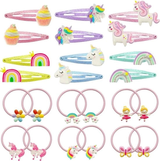 Set di spille per capelli e elastici per capelli - 24 pezzi per bambine - Unaquila, glitter e clip cartoon - accessori per capelli per bambini - fascia per capelli e holder per coda di cavallo