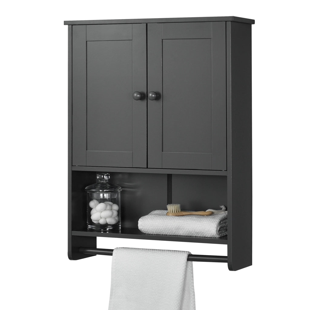 Armadietto Pensile da Bagno con Barra Portaasciugamano 65 x 48,7 x 14,5 cm Mobiletto da Muro con 2 Ante e Ripiani - Grigio Scuro