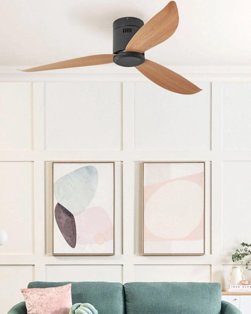 Ventilatore da soffitto con telecomando nero effetto legno stile moderno soggiorno camera da letto