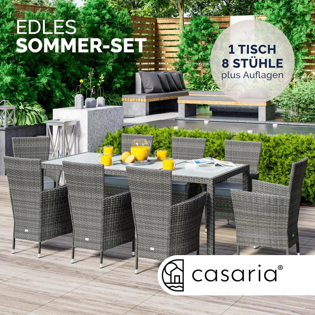 ® Mobili da Giardino Polyrattan 8 Sedie Impilabili 190x90cm Tavolo da Giardino Vetro Resistente alle Intemperie Esterno Moderno Terrazza