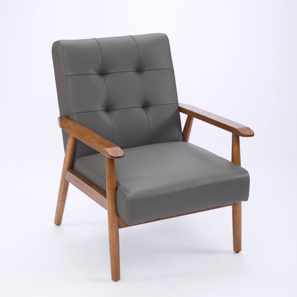 Fauteuil in pelle con struttura in legno e cuciture pull-point per soggiorno camera da letto home office grigio