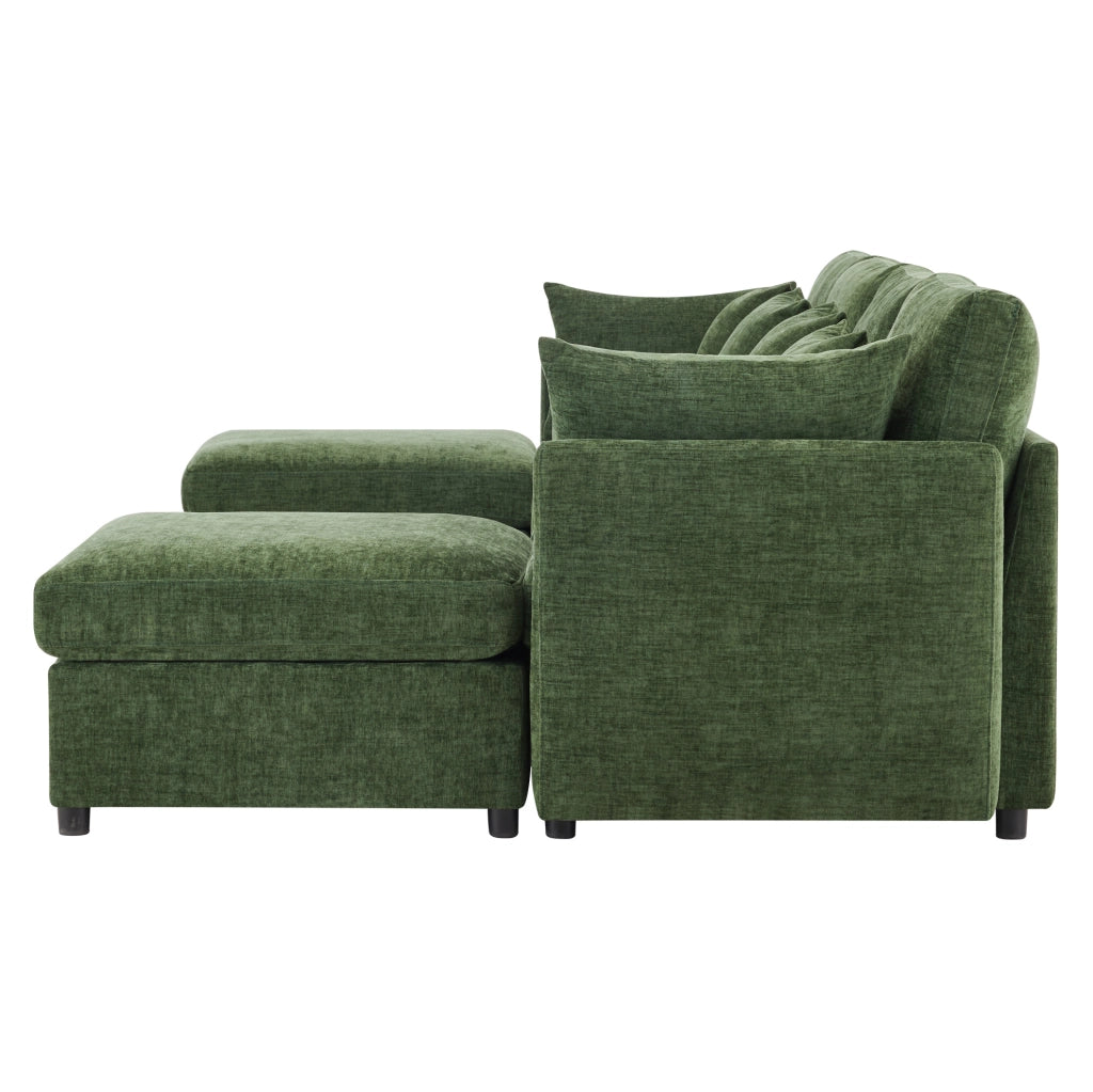 Divano modulare 4-6 posti 278x161 cm in chenille verde con 2 pouf e 6 cuscini HOMVRA