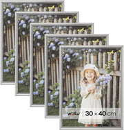 Cornice per Foto 30x40 cm Set di 5 Cornice da Parete e Tavolo, Portafoto in Legno Massello e Pannello in Plastica, Collage Foto, Argento
