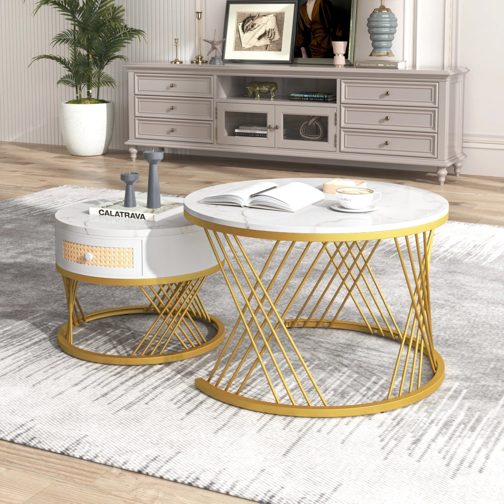 Tavolini da Caffè Impilabili Rotondi con 1 Cassetto; Piano Effetto Marmo; Stile Moderno; in MDF; Bianco; 70×70×45;5 cm