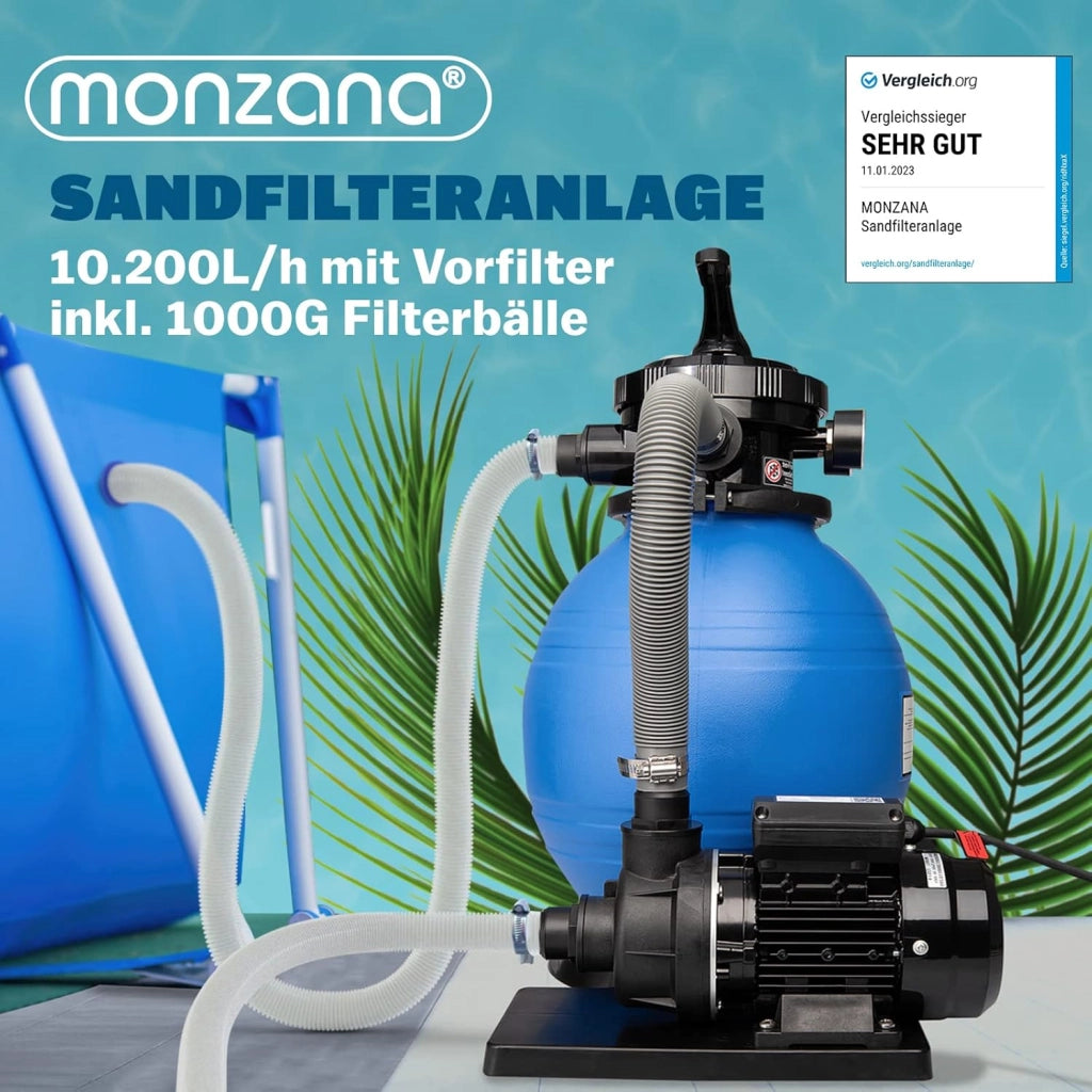 ® Filtro Acqua per Piscina SF102K 10.200 L/h Fino a 35.000L Palline Filtranti 1000gr Incl. Valvola a 7 Vie Adattatore 2in1 Ø32-38mm Pompa di Filtraggio 450W Filtri Piscine Pompe Filtranti