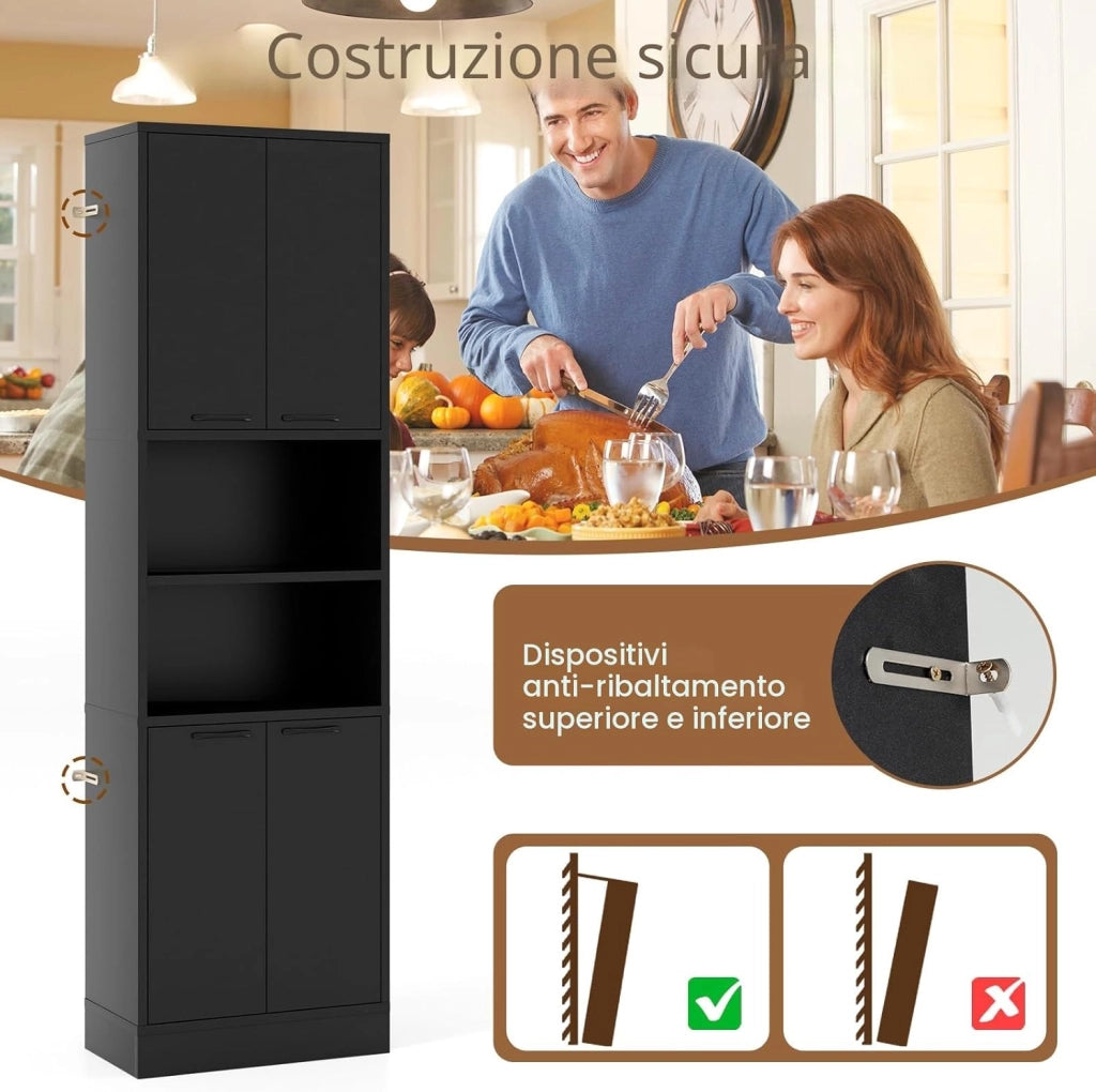 Credenza Alta da Cucina 190 cm, Mobile Cucina Dispensa in Legno, Mobile Buffet con 2 Armadio e Ripiano, per Soggiorno, Sala da Pranzo, Bagno, 56 x 30 x 190 cm, (In 2 Pacchi) (Nero)