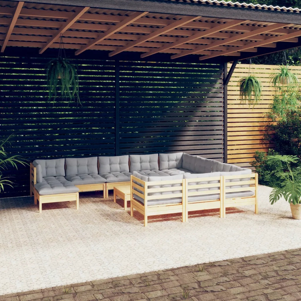 Set Divani da Giardino 12 pz con Cuscini Grigi Massello di Pino 3097048