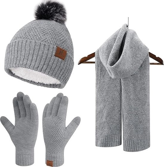 Cappello, guanti e scialle per donne - Grigio - Cappello, guanti e scialle - Cappello di lana soffice - Adulti - Cappello pompon, scialle lungo, guanti touchscreen - Offerta Black Friday - Regalo di Natale per donne