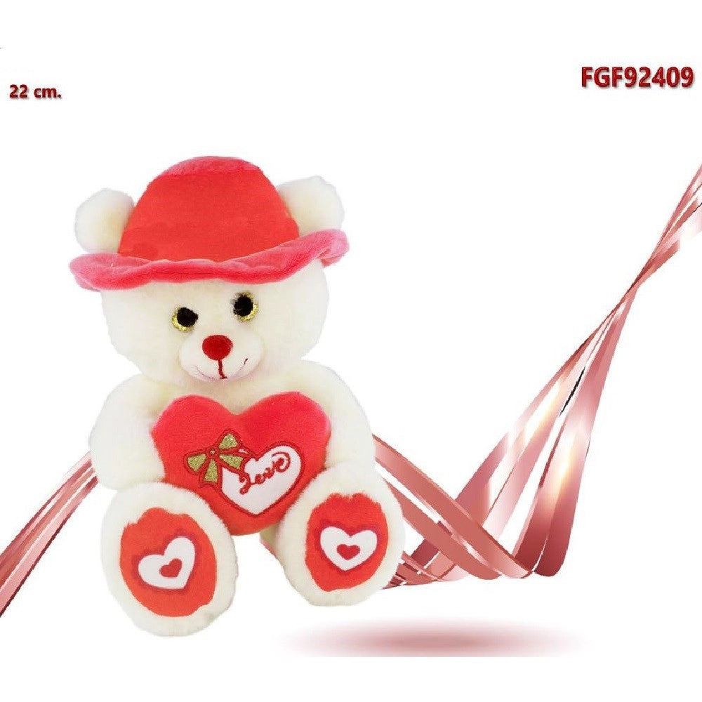 Trade Shop - Peluche Orso Con Cappello Cuore Rosso 22 Cm Pupazzo Regalo San Valentino 92409 -