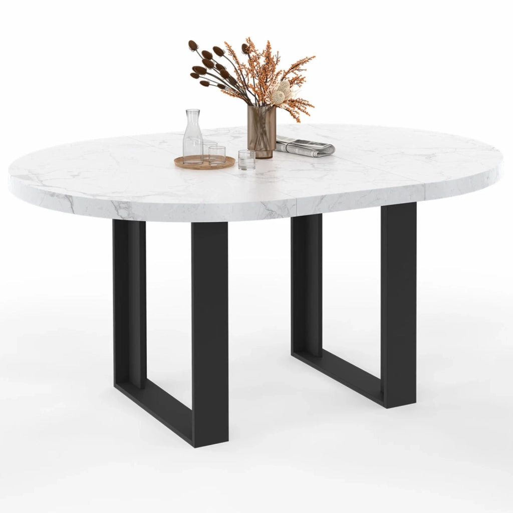 IDMarket - Tavolo da pranzo rotondo allungabile PHOENIX 4-6 persone con piano effetto marmo bianco ALASKA 110-150 cm
