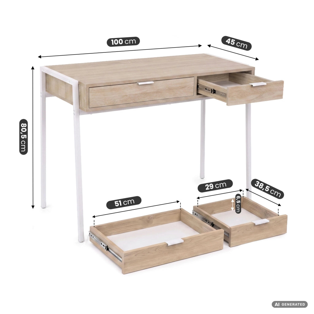 Scrivania industriale per computer Rovere Sonoma ZENTIA 100 cm 2 cassetti gambe bianche