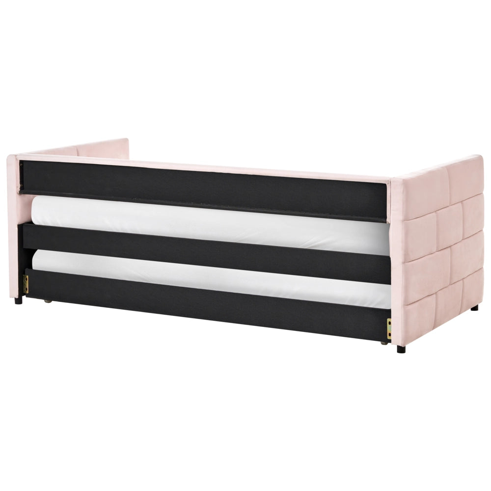 Letto a scomparsa 90 x 200 cm rivestito in velluto rosa, rete a doghe, letto da giorno con cuciture in stile glamour.