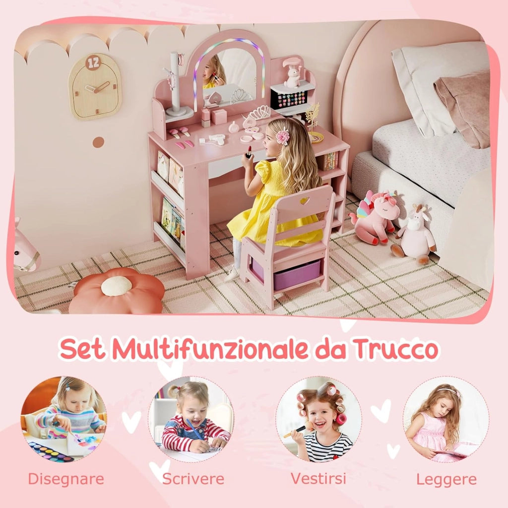 Toeletta Trucco per Bambina con Sgabello, Postazione Trucco con Luci, Scaffali a Vista, Prtagioielli, Libreria a 2 Ripiani e Contenitore in Tessuto, Ideale per Bambina 3+ Anni (Rosa)