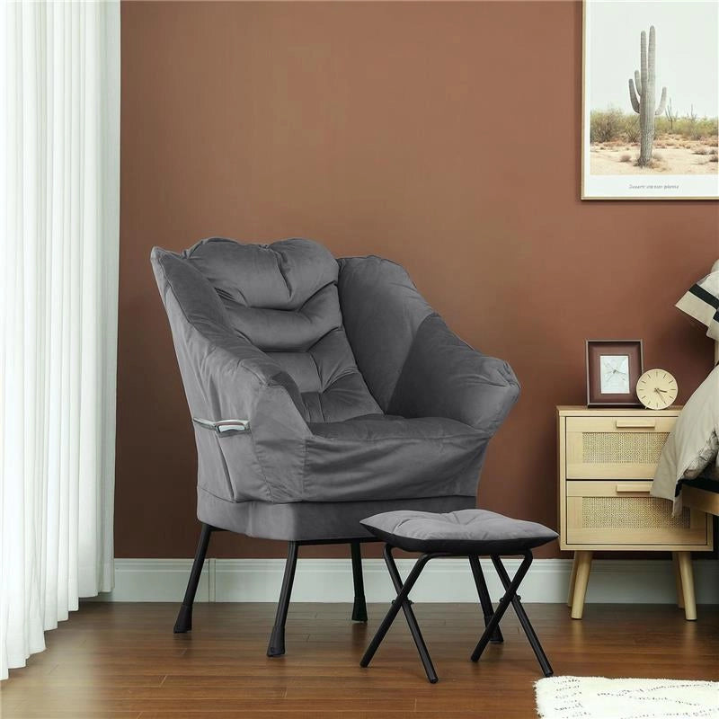 POLTRONA MODERNA CON POGGIAPIEDI E 2 TASCHE LATERALI IN TESSUTO EFFETTO VELLUTO E ACCIAIO 80X78X100 CM GRIGIO